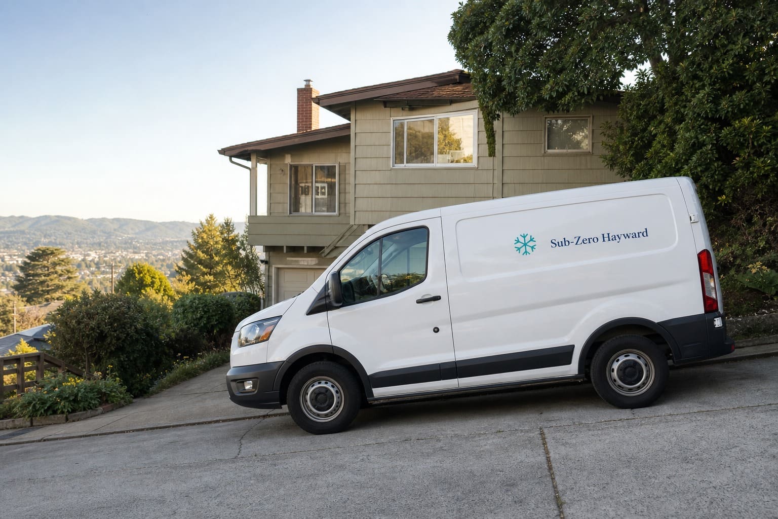 Sub-Zero Hayward service van parked on a steep Hayward Hills driveway