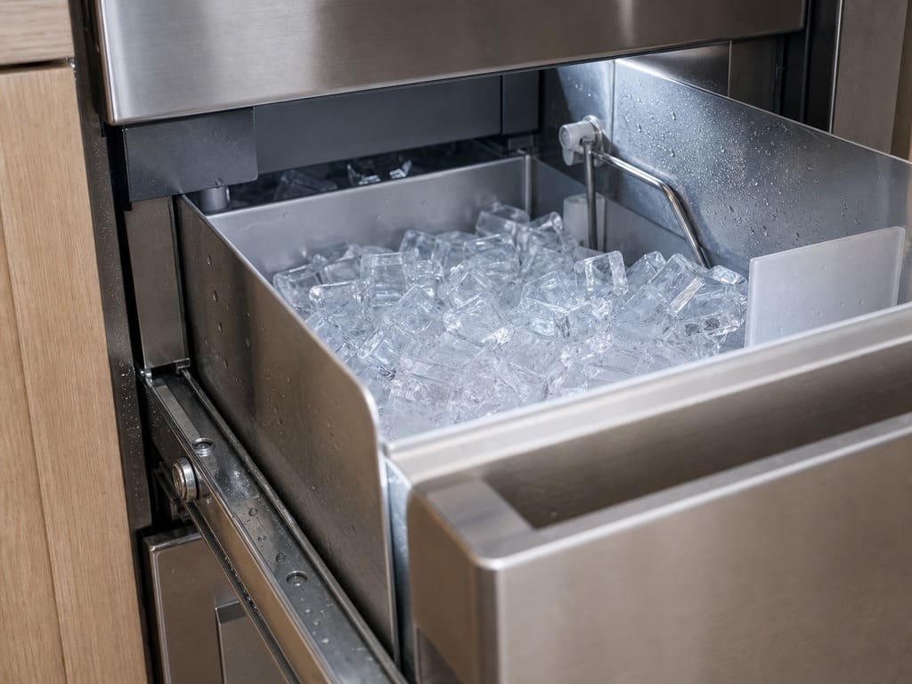 Built-in Sub-Zero ice maker with a full bin of clear ice cubes