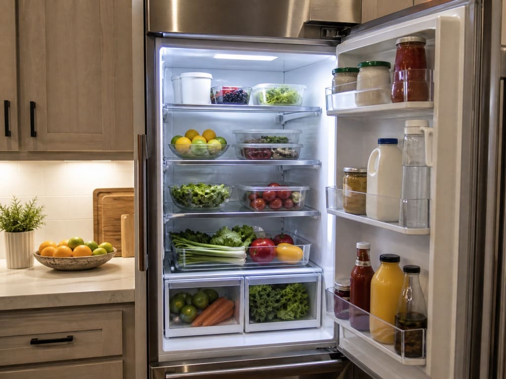 Open built-in Sub-Zero refrigerator full of groceries in a Hayward kitchen
