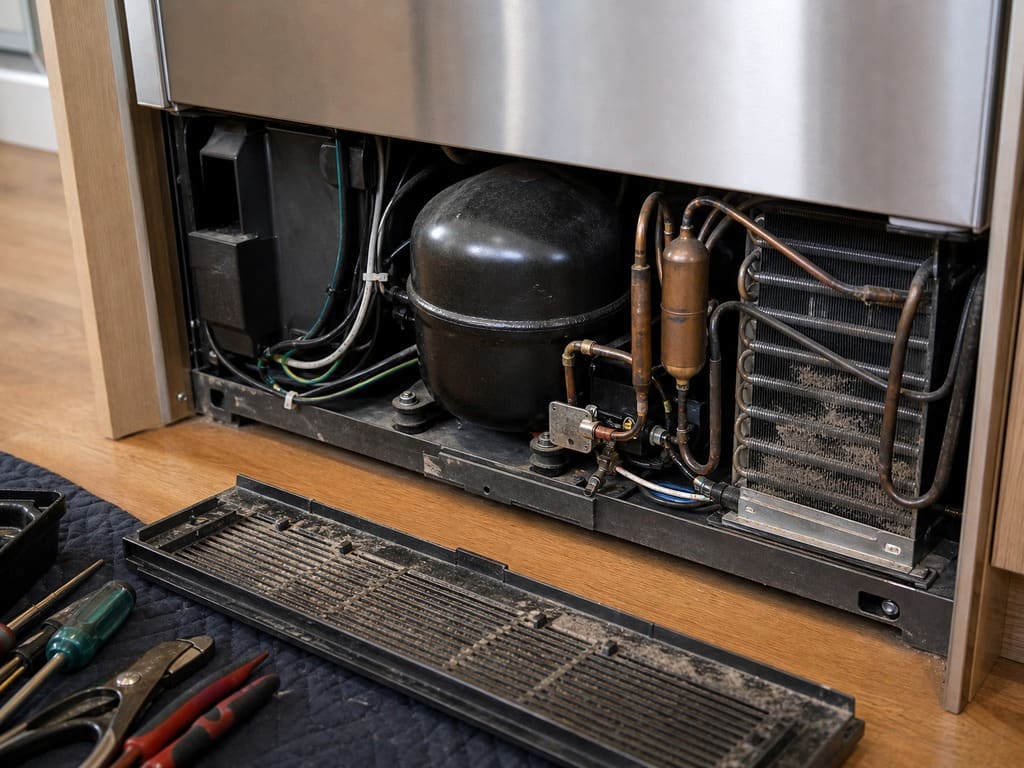 Compressor and condenser coils behind the lower grille of a built-in Sub-Zero