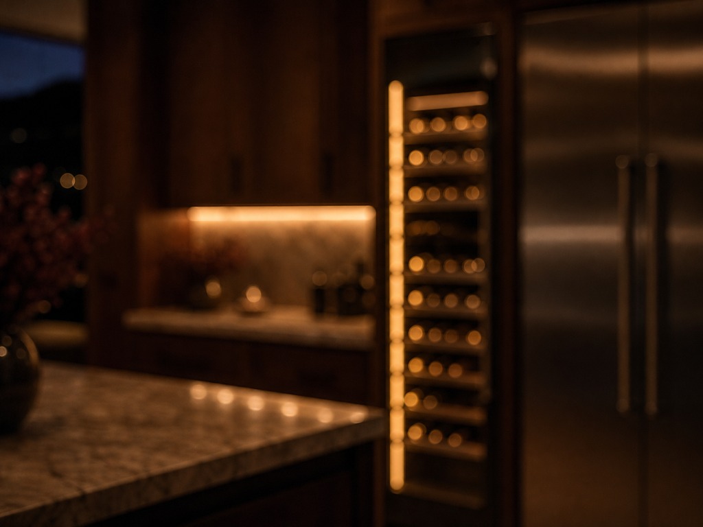 Built-in Sub-Zero wine storage column stocked with bottles under amber light