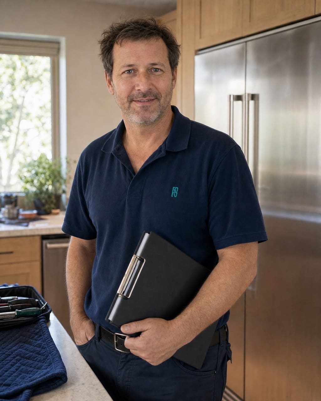 Lead Sub-Zero Hayward technician in a navy work polo in a Hayward kitchen