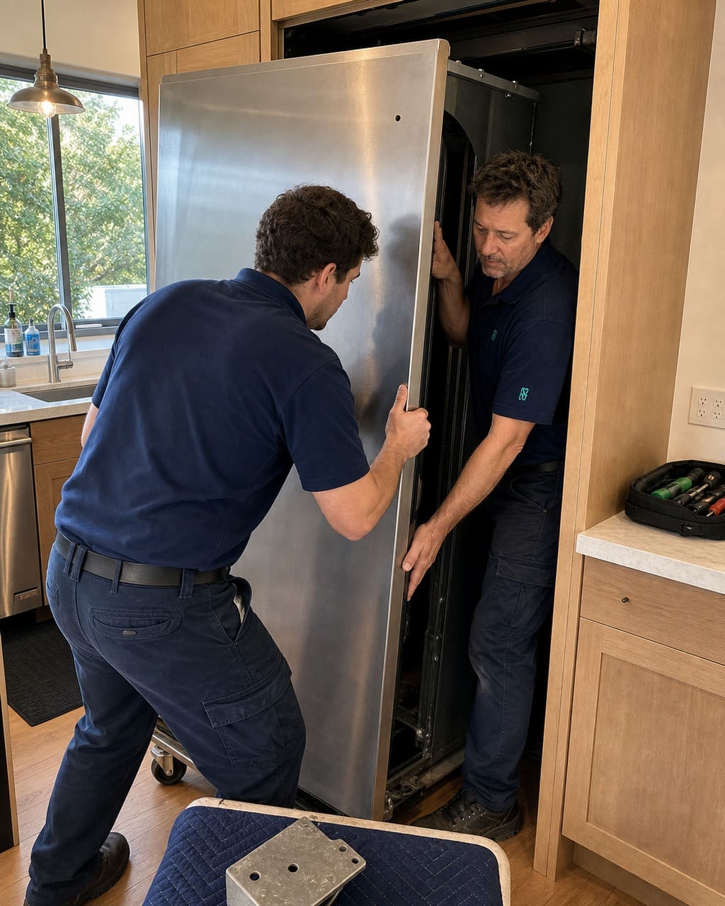 Two Sub-Zero Hayward technicians sliding a built-in refrigerator out of its cabinet