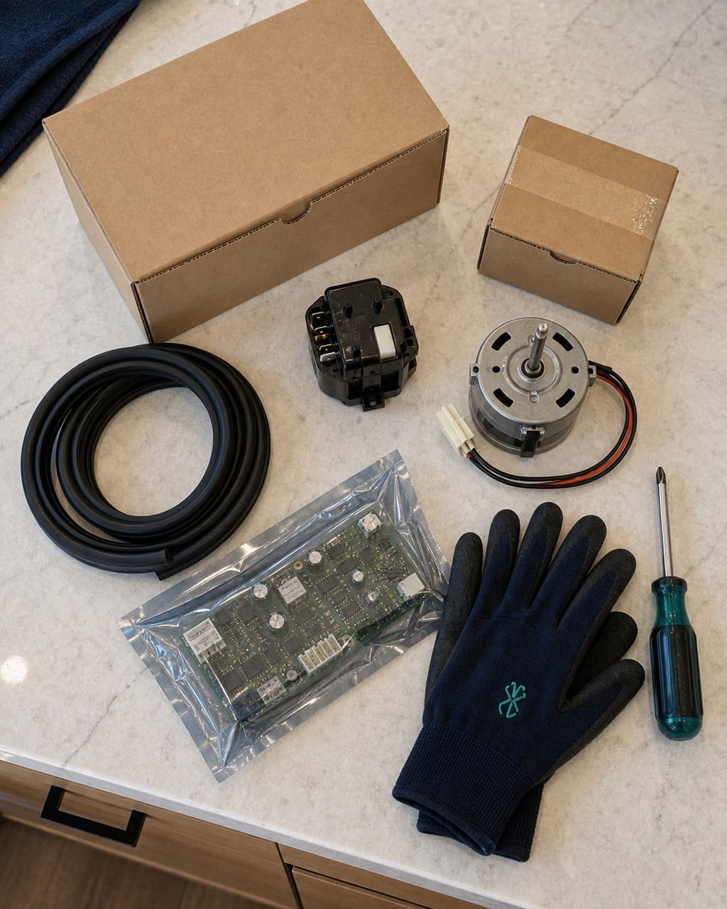 Genuine OEM Sub-Zero parts laid out on a quartz counter — compressor relay, fan motor, gasket and control board